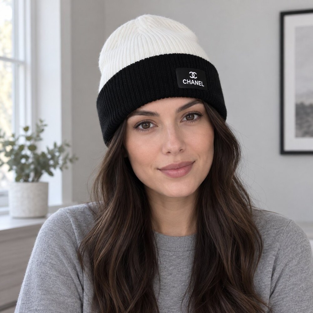 CHANEL Two-Tone Logo Patch Beanie - Picture 2 of 6